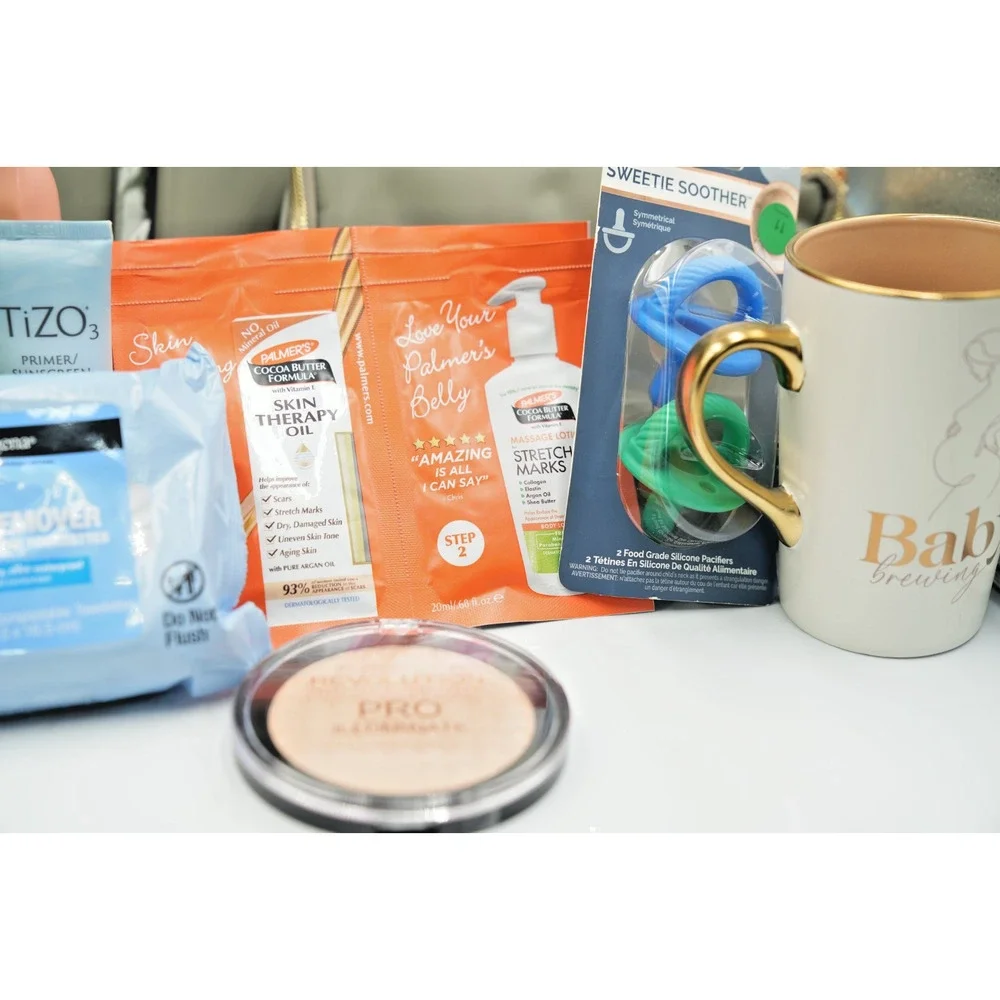 New Mom Gift Set | Diaper Bag‎ Set, Skincare, Tumbler, Pacifiers, Makeup